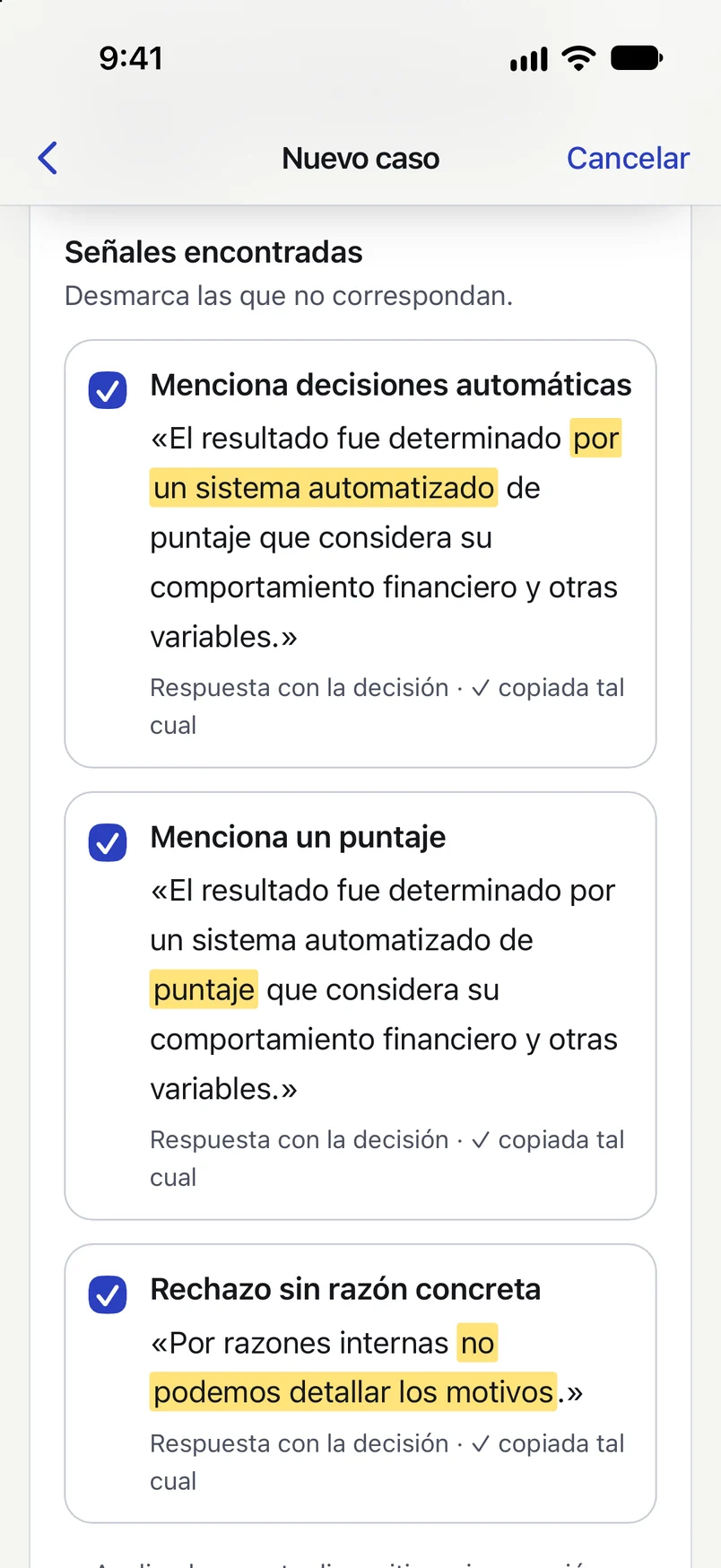 Pantalla «Señales encontradas»: cada señal con la frase exacta de la respuesta del banco subrayada.