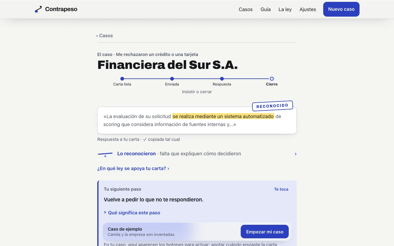 El caso de ejemplo abierto en un navegador de computador.